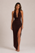 ATISSE AIRLA ICON – Neckholder-Midikleid mit freiem Rücken für Damen – Elegantes Partykleid in Pflaumenbraun