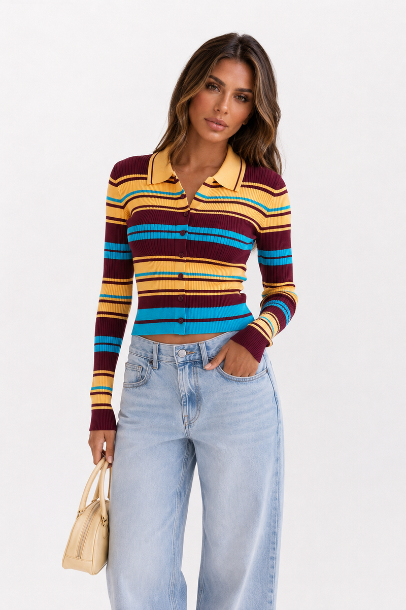 ATISSE – Women's Multi-Stripe Ribbed Knit Cardigan – Collared Button-Up Sweater