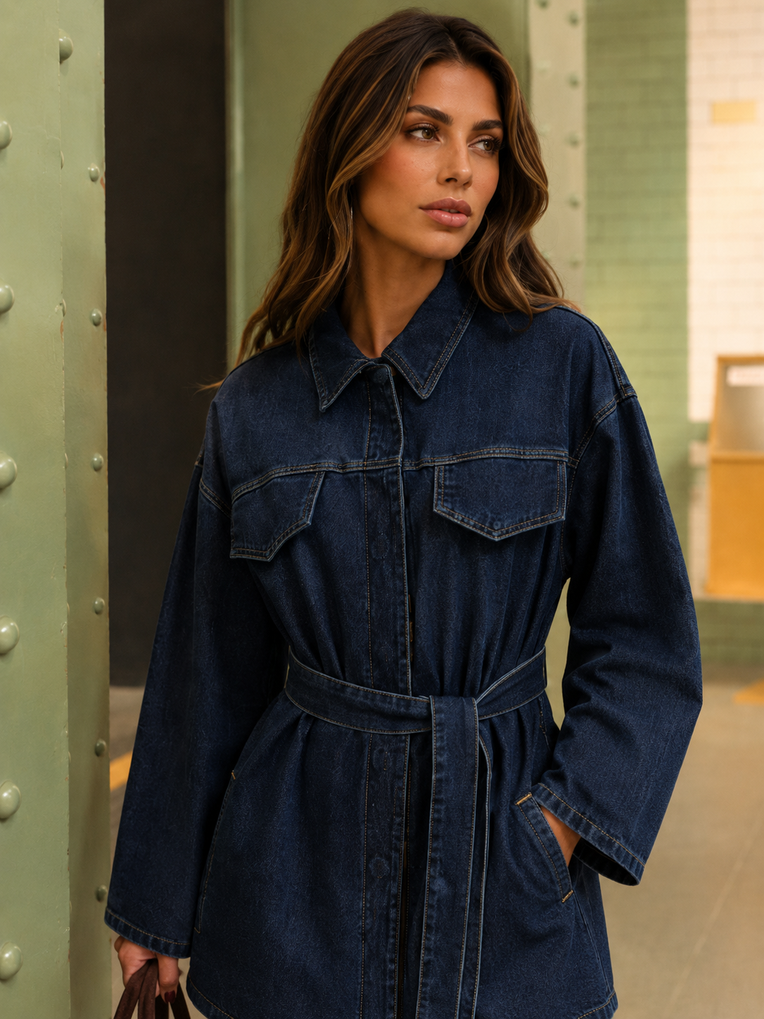 ATISSE – Women's Belted Denim Shirt Jacket – Cotton Jean Jacket with Waist Belt