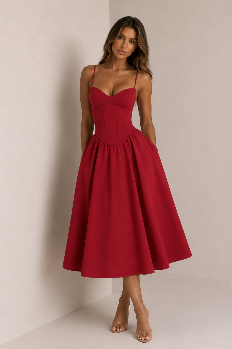 ATISSE MARIELLA – Vestido midi corsé para mujer – Vestido de ocasión evasé en rojo