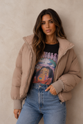 ATISSE – Women's Oversized Puffer Jacket – Beige Winter Zip-Up Coat with High Collar