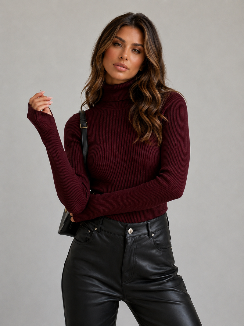 ATISSE ELISE – Women's Turtleneck Knit Top – Slim Fit Long Sleeve Soft Stretch Sweater