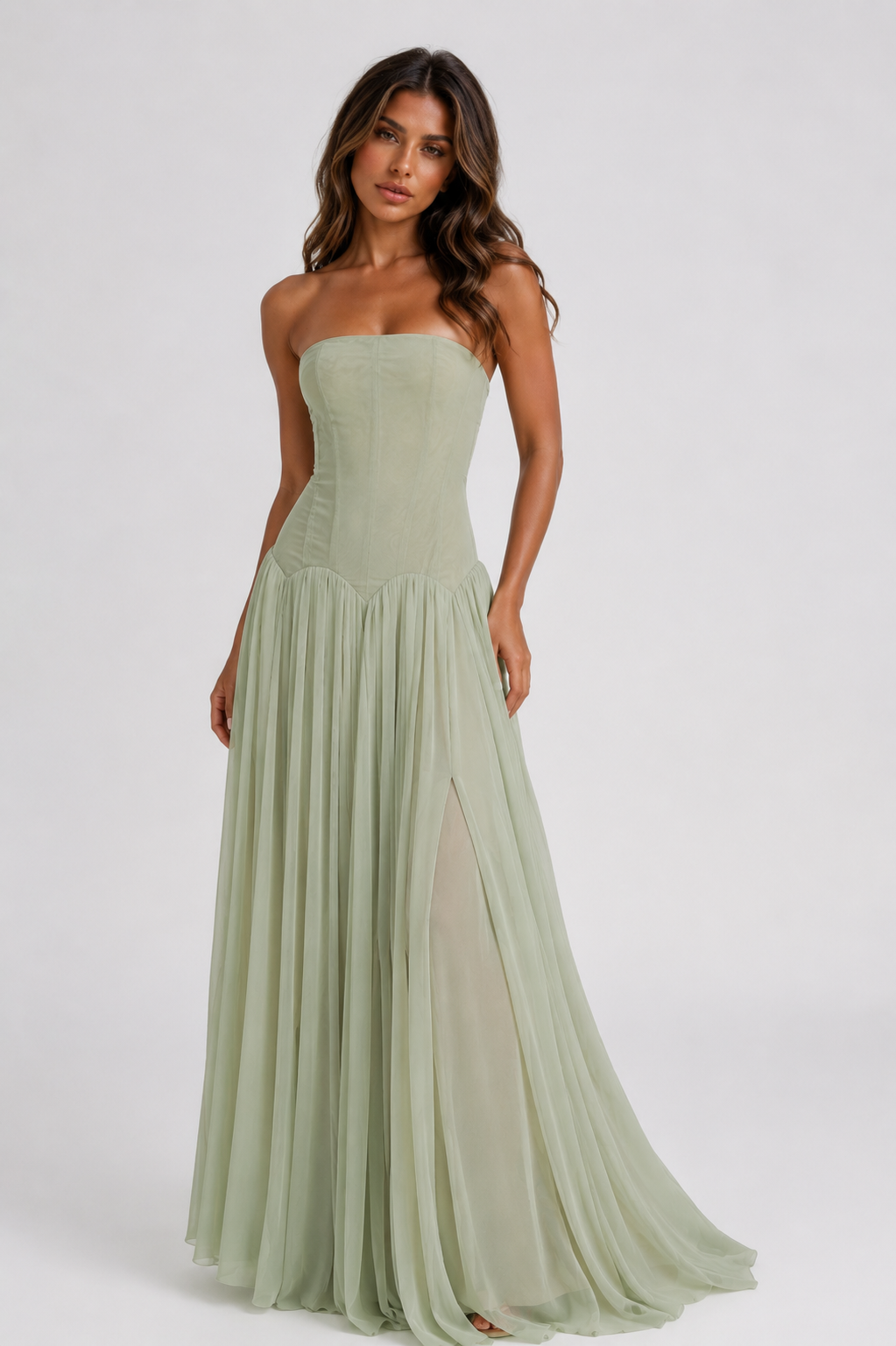 ATISSE SALOME – Vestido maxi plisado palabra de honor con cuerpo estilo corsé para mujer – Verde salvia