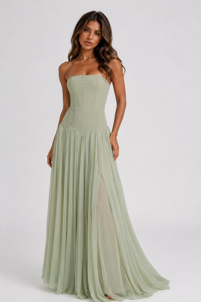 ATISSE SALOME – Vestido maxi plisado palabra de honor con cuerpo estilo corsé para mujer – Verde salvia