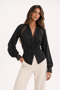 ATISSE – Women's Twist-Front Lace Cotton Blouse – Long Sleeve Semi-Sheer Top
