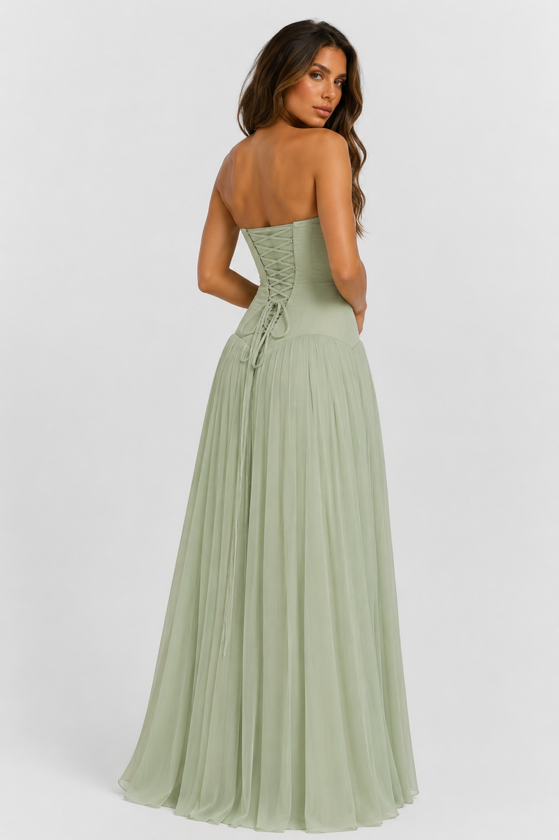 ATISSE SALOME – Vestido maxi plisado palabra de honor con cuerpo estilo corsé para mujer – Verde salvia
