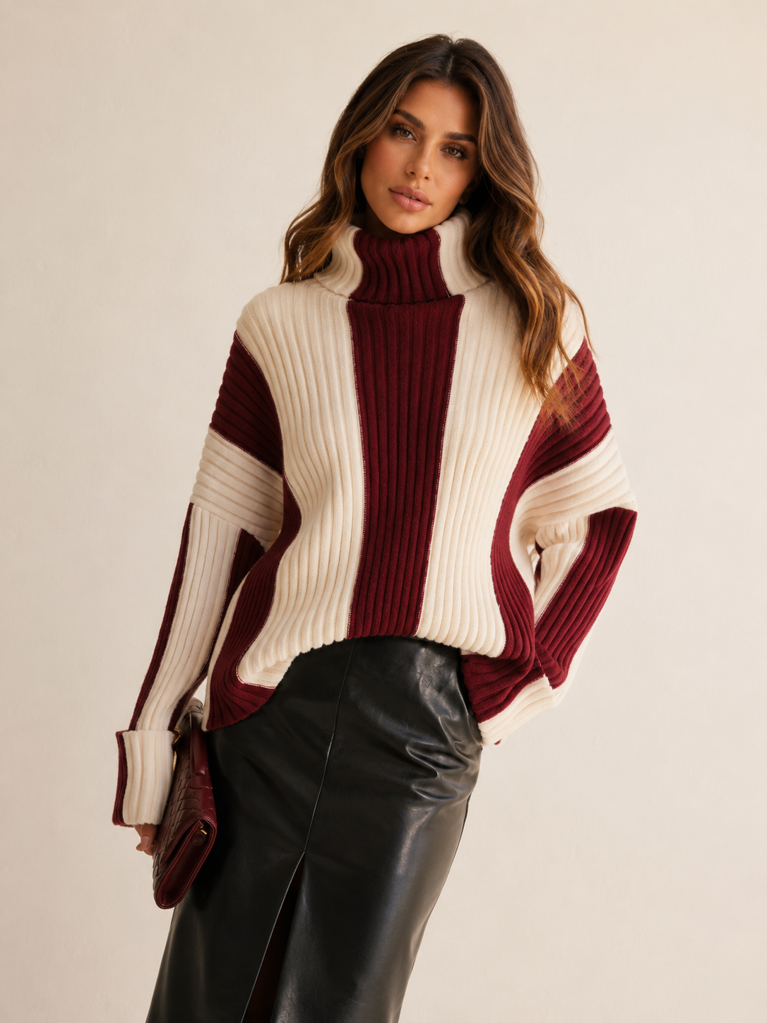 ATISSE – Women's Ribbed Color Block Turtleneck Sweater – Relaxed Winter Knit Pullover