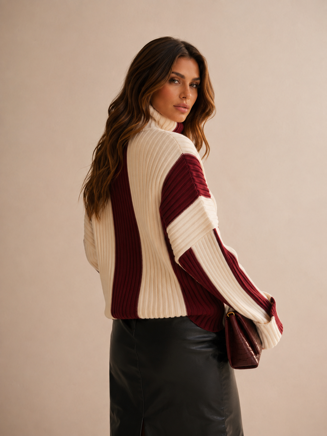 ATISSE – Women's Ribbed Color Block Turtleneck Sweater – Relaxed Winter Knit Pullover