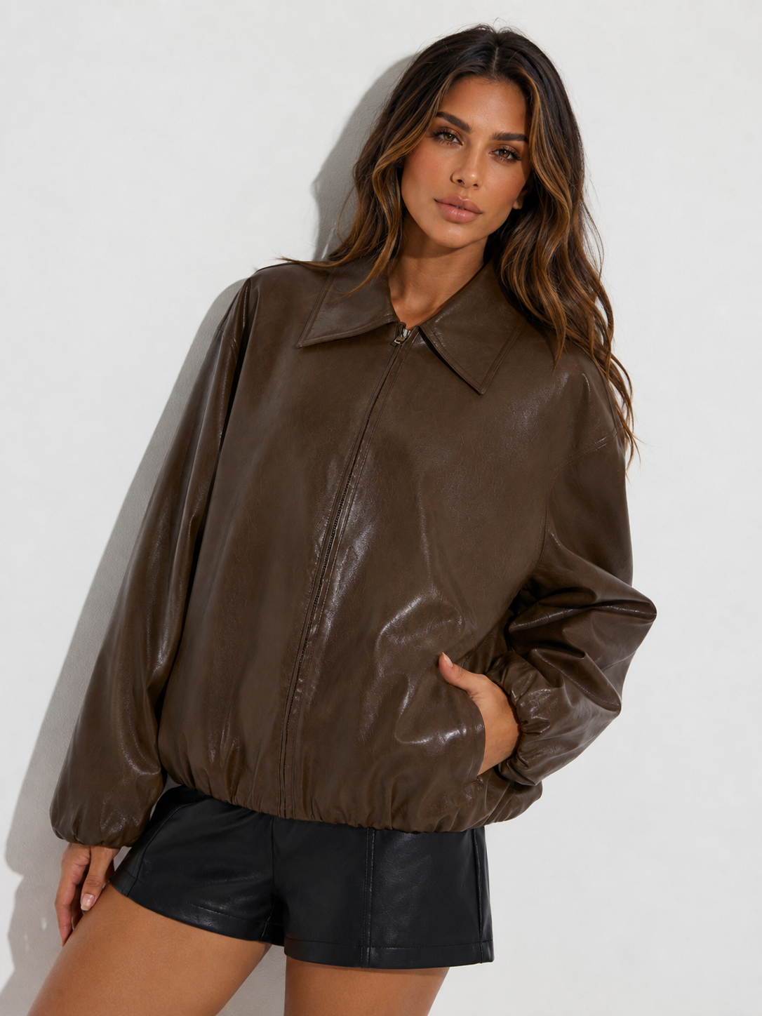ATISSE – Women's Brown Faux Leather Jacket – Collared Zip Front Relaxed PU Leather Jacket