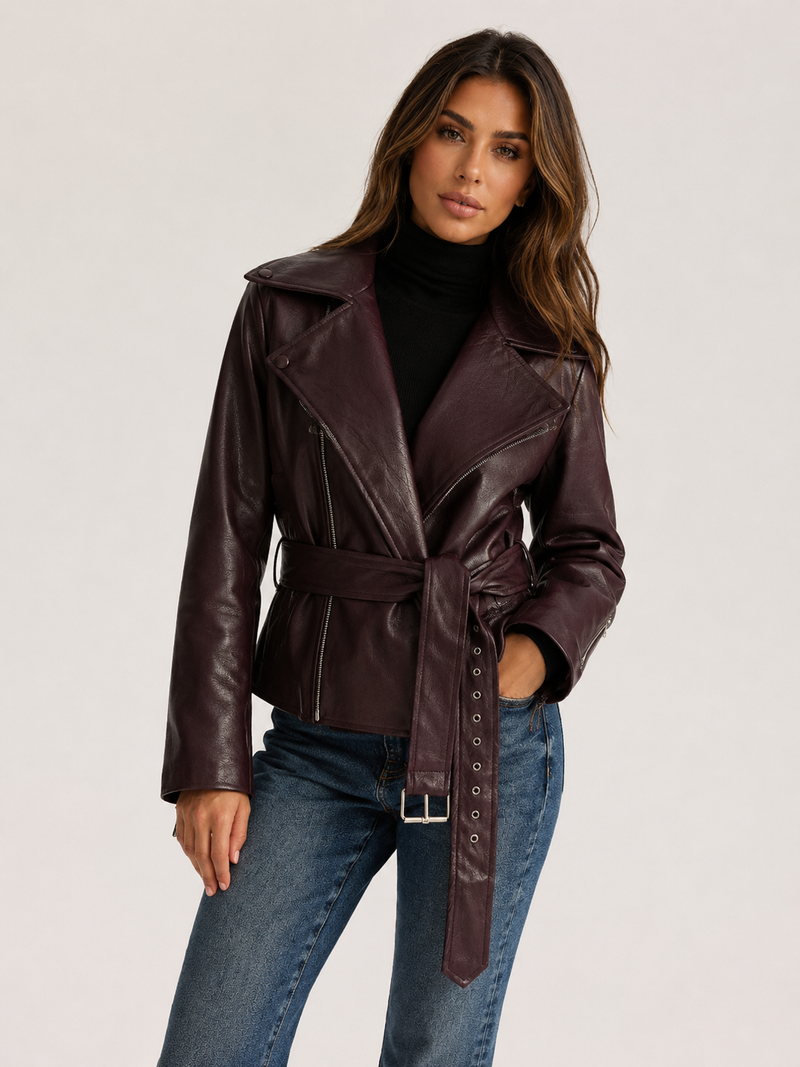 ATISSE – Women's Brown Faux Leather Jacket – Belted Zip Front Winter Jacket