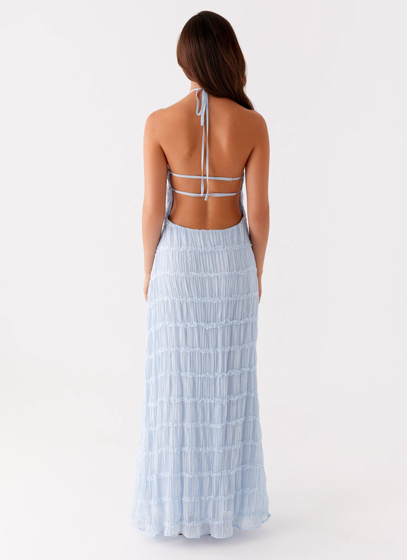 ATISSE AULLIE – Women's Halter Maxi Dress – Powder Blue Lace Evening Dress