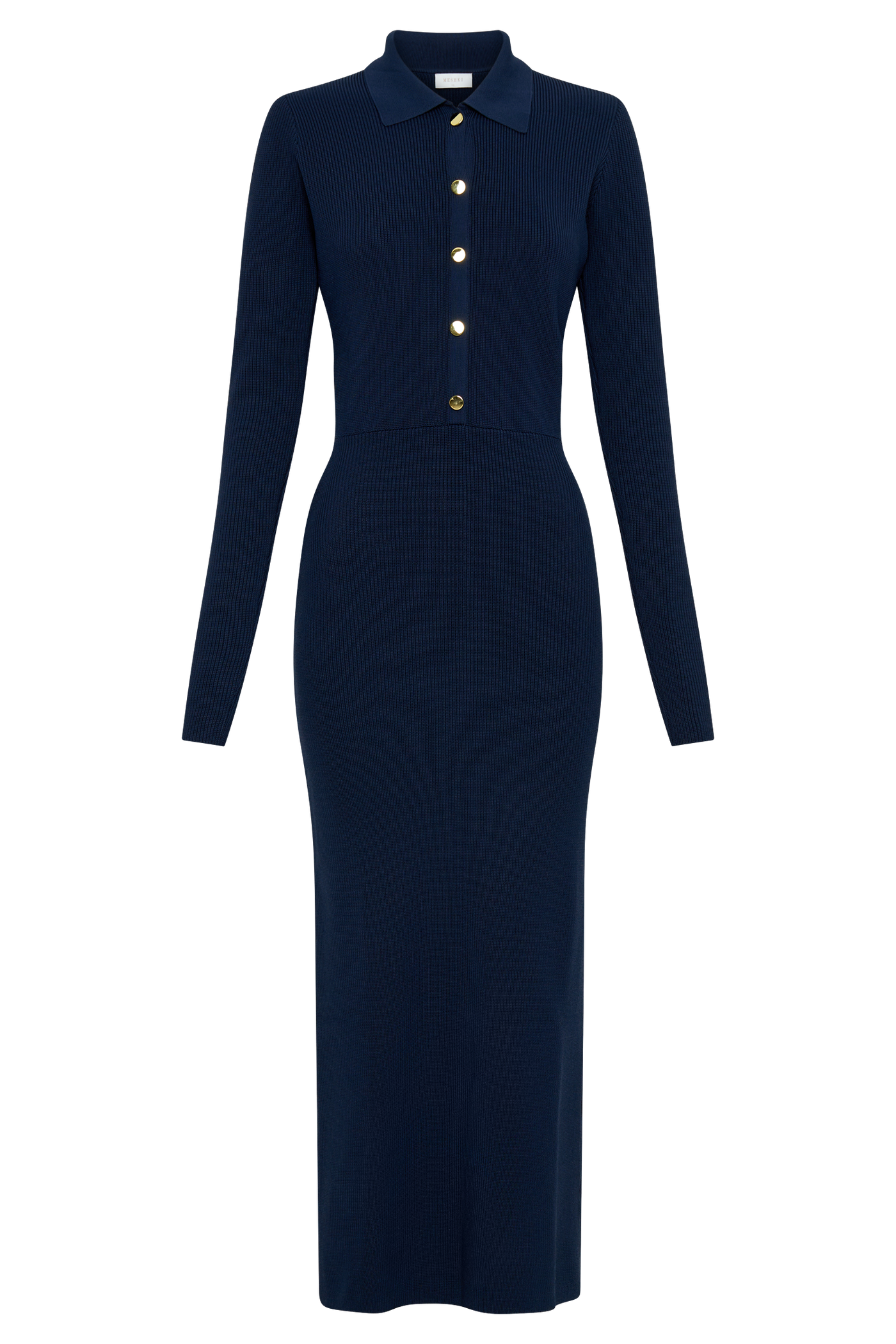 ATISSE ABBEY – Vestido midi de punto canalé con botonadura y cuello camisero para mujer – Azul marino