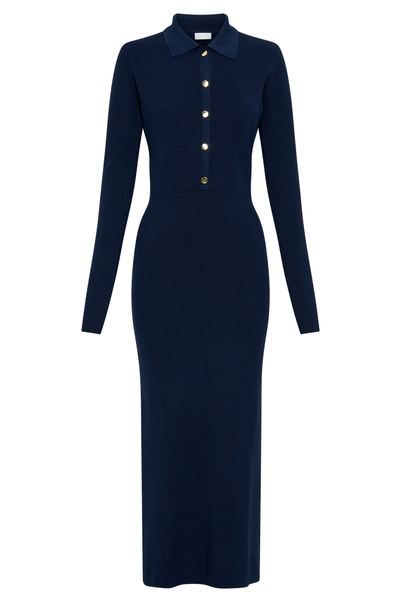 ATISSE ABBEY – Midi-Rippstrickkleid für Damen mit durchgehender Knopfleiste und Hemdkragen – Marineblau