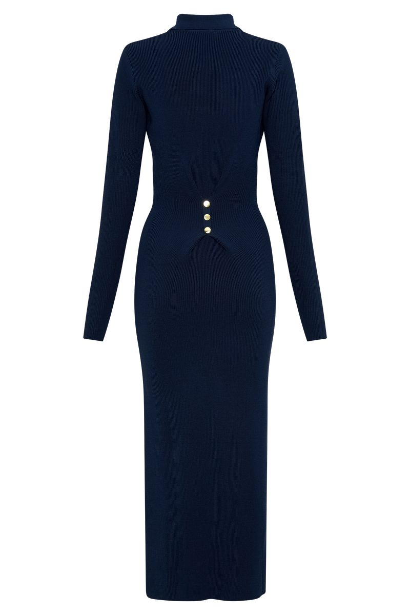 ATISSE ABBEY – Midi-Rippstrickkleid für Damen mit durchgehender Knopfleiste und Hemdkragen – Marineblau