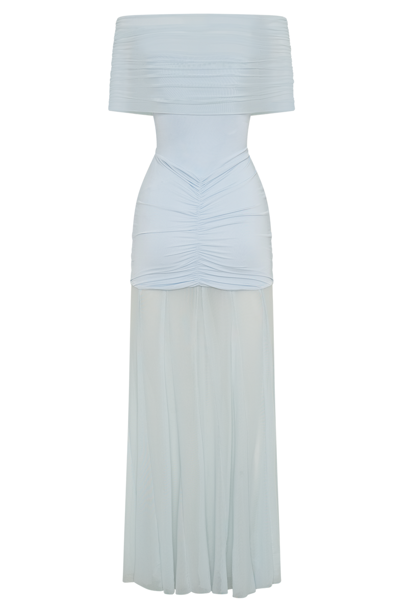 ATISSE CASPIAN – Damen Maxikleid mit Carmen-Ausschnitt – Hellblaues Abendkleid