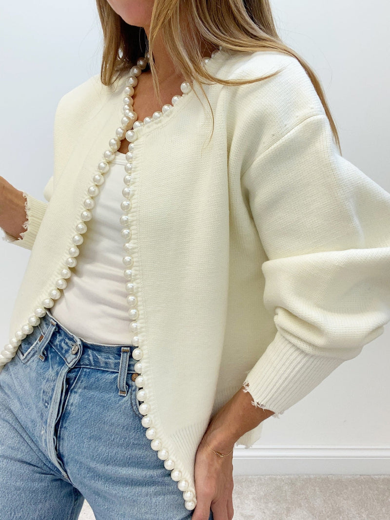 ATISSE PEARL – Women's Pearl Trim Knit Cardigan – Distressed Hem Sweater