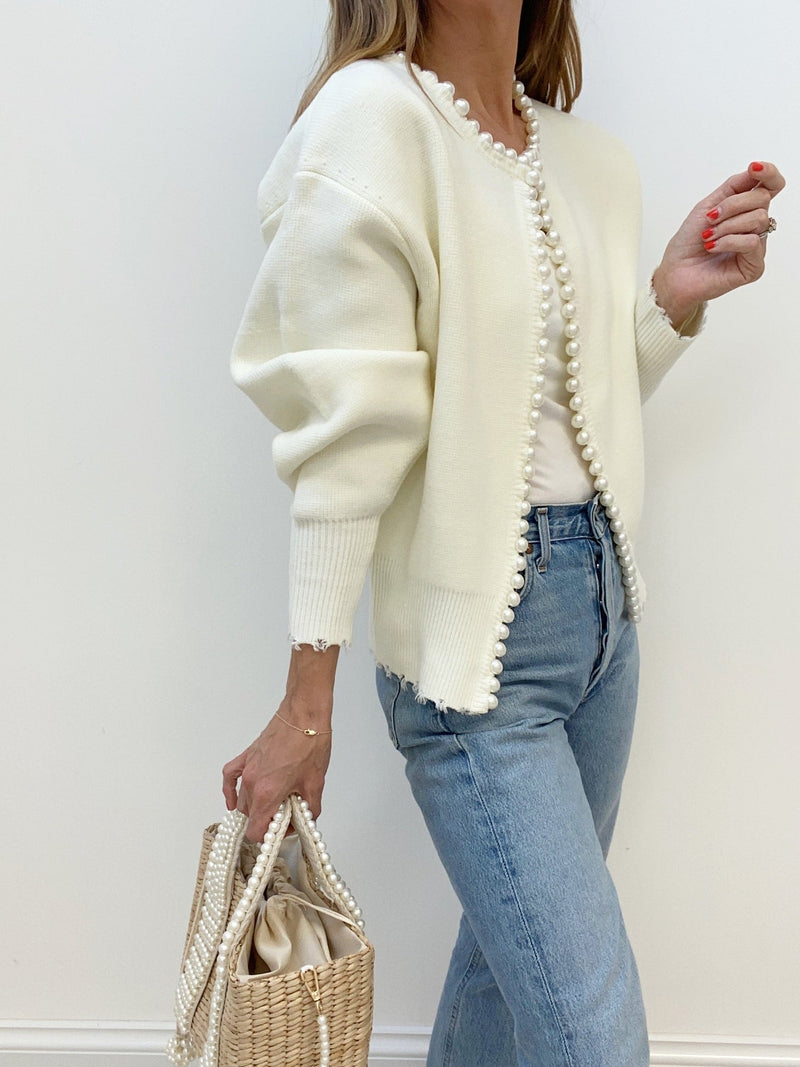 ATISSE PEARL – Women's Pearl Trim Knit Cardigan – Distressed Hem Sweater