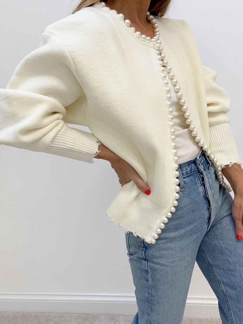 ATISSE PEARL – Women's Pearl Trim Knit Cardigan – Distressed Hem Sweater