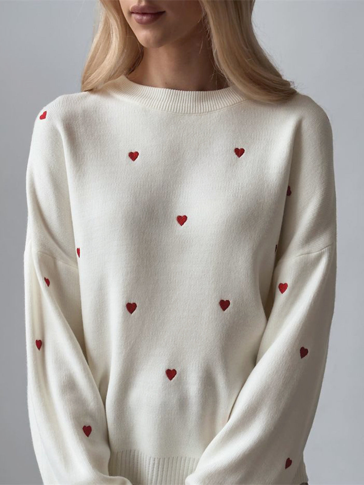ATISSE – Women's Embroidered Heart Oversized Knit Sweater – Relaxed Fit Warm Cotton Winter Pullover