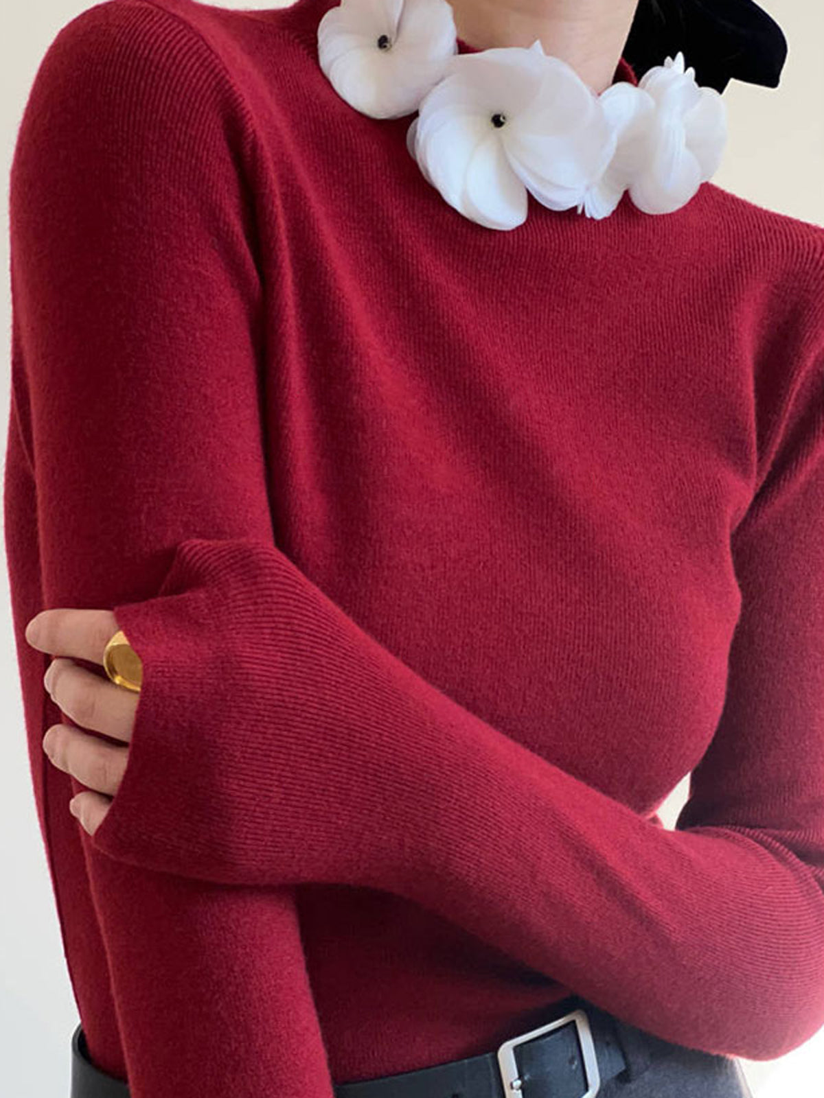 ATISSE – Women's Floral Collar Knit Top – Long Sleeve Black Sweater with 3D Flower Detail