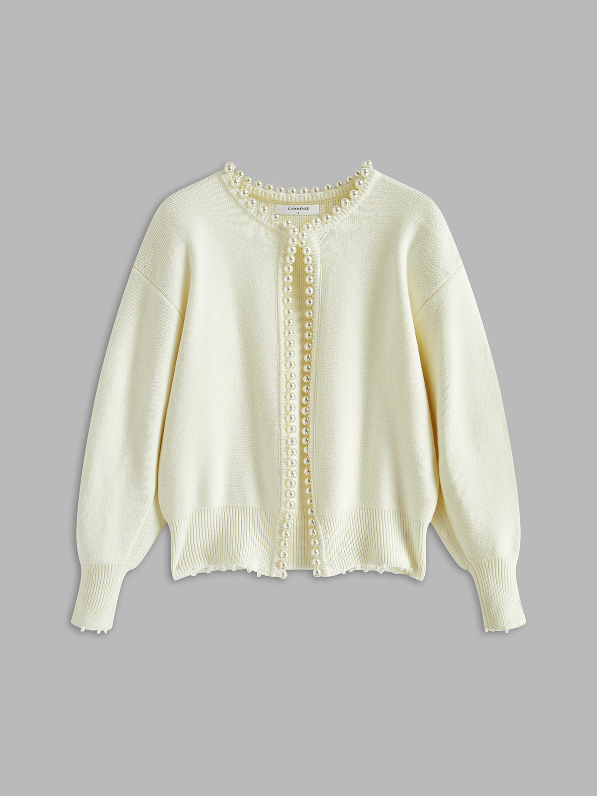 ATISSE PEARL – Women's Pearl Trim Knit Cardigan – Distressed Hem Sweater