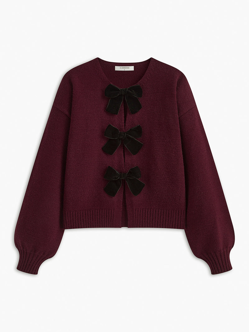 ATISSE – Women's Velvet Bow Knit Sweater – Burgundy Lantern Sleeve Pullover