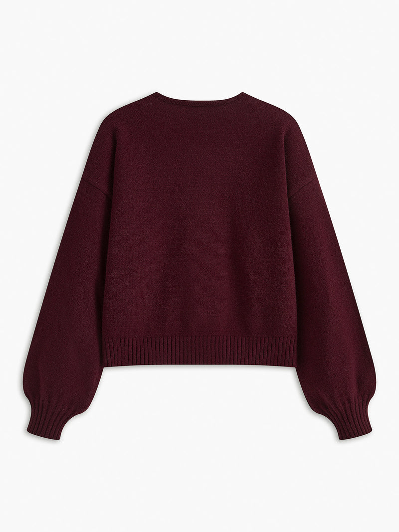 ATISSE – Women's Velvet Bow Knit Sweater – Burgundy Lantern Sleeve Pullover