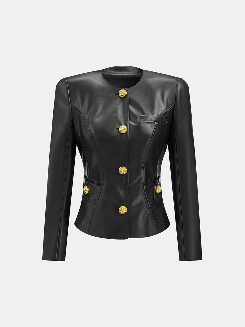 ATISSE – Women's Faux Leather Blazer – Fitted Round Neck Jacket with Gold Metal Buttons
