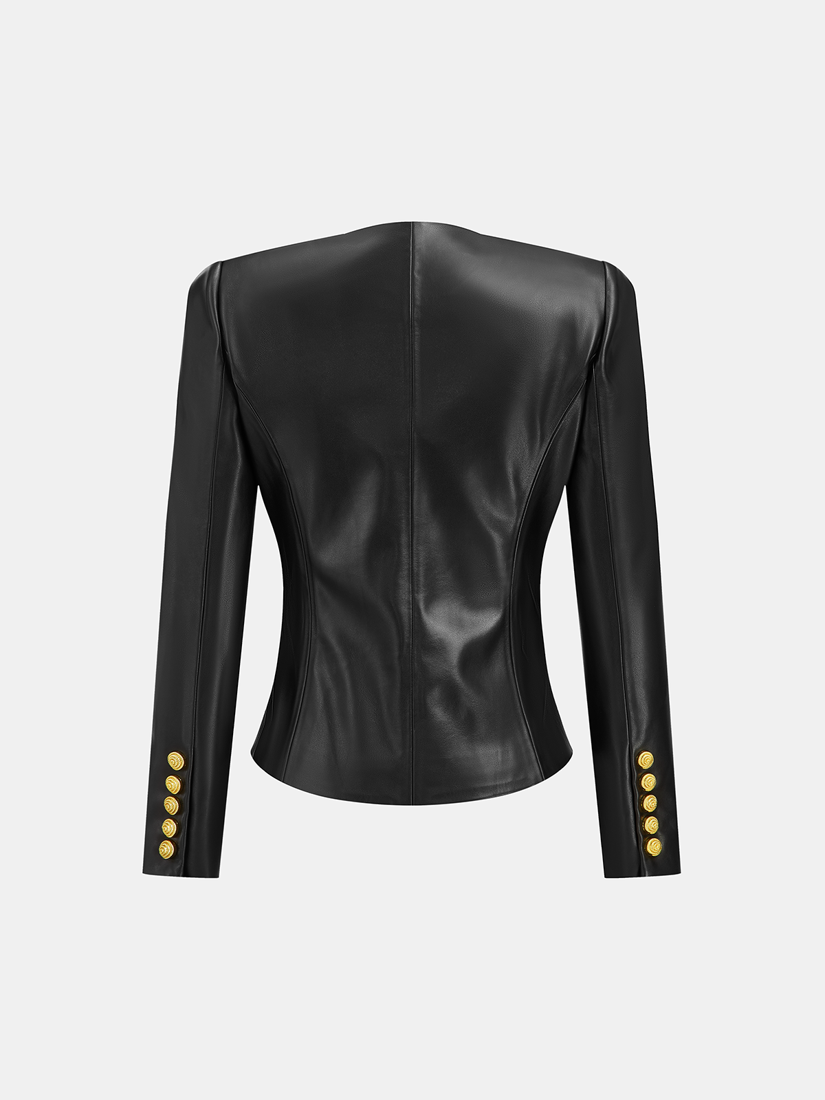 ATISSE – Women's Faux Leather Blazer – Fitted Round Neck Jacket with Gold Metal Buttons