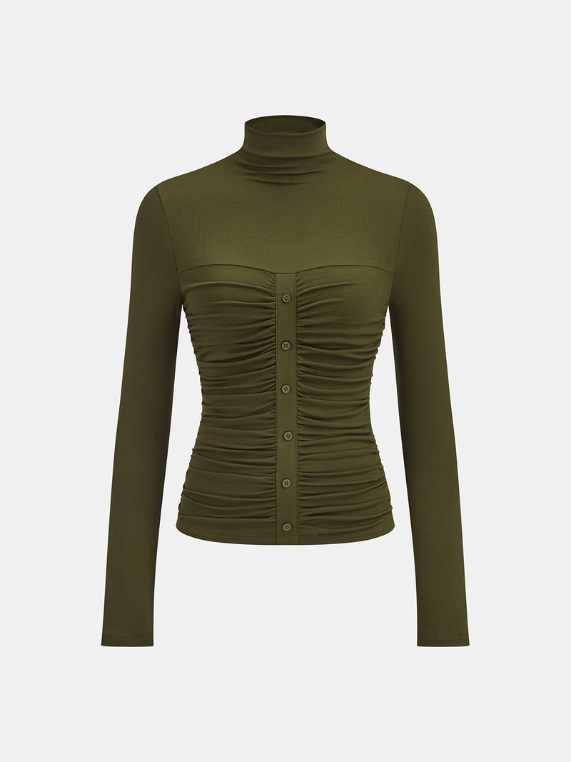 ATISSE – Women's Turtleneck Ruched Knit Top – Long Sleeve Button Detail Sweater