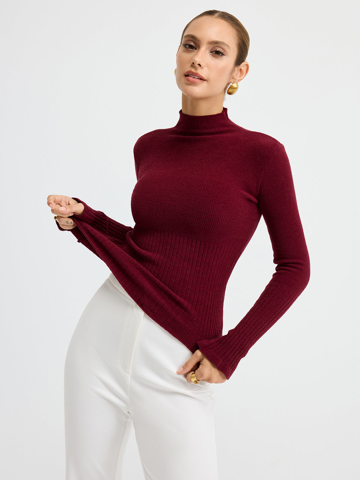 ATISSE – Women's Ribbed Mock Neck Knit Top – Slim Fit Long Sleeve Sweater