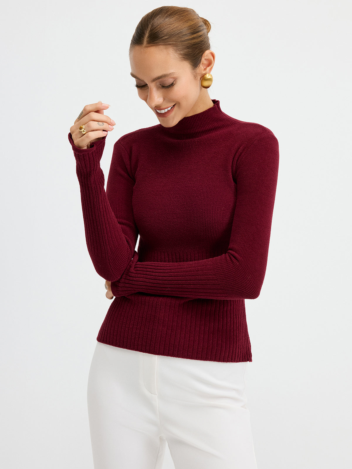 ATISSE – Women's Ribbed Mock Neck Knit Top – Slim Fit Long Sleeve Sweater