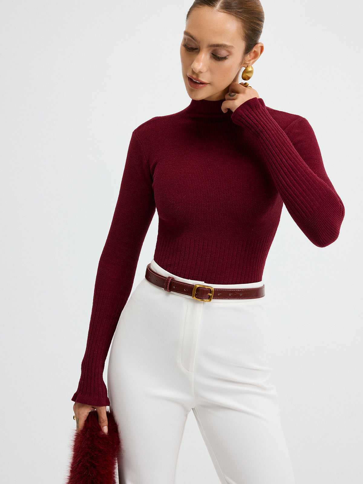 ATISSE – Women's Ribbed Mock Neck Knit Top – Slim Fit Long Sleeve Sweater