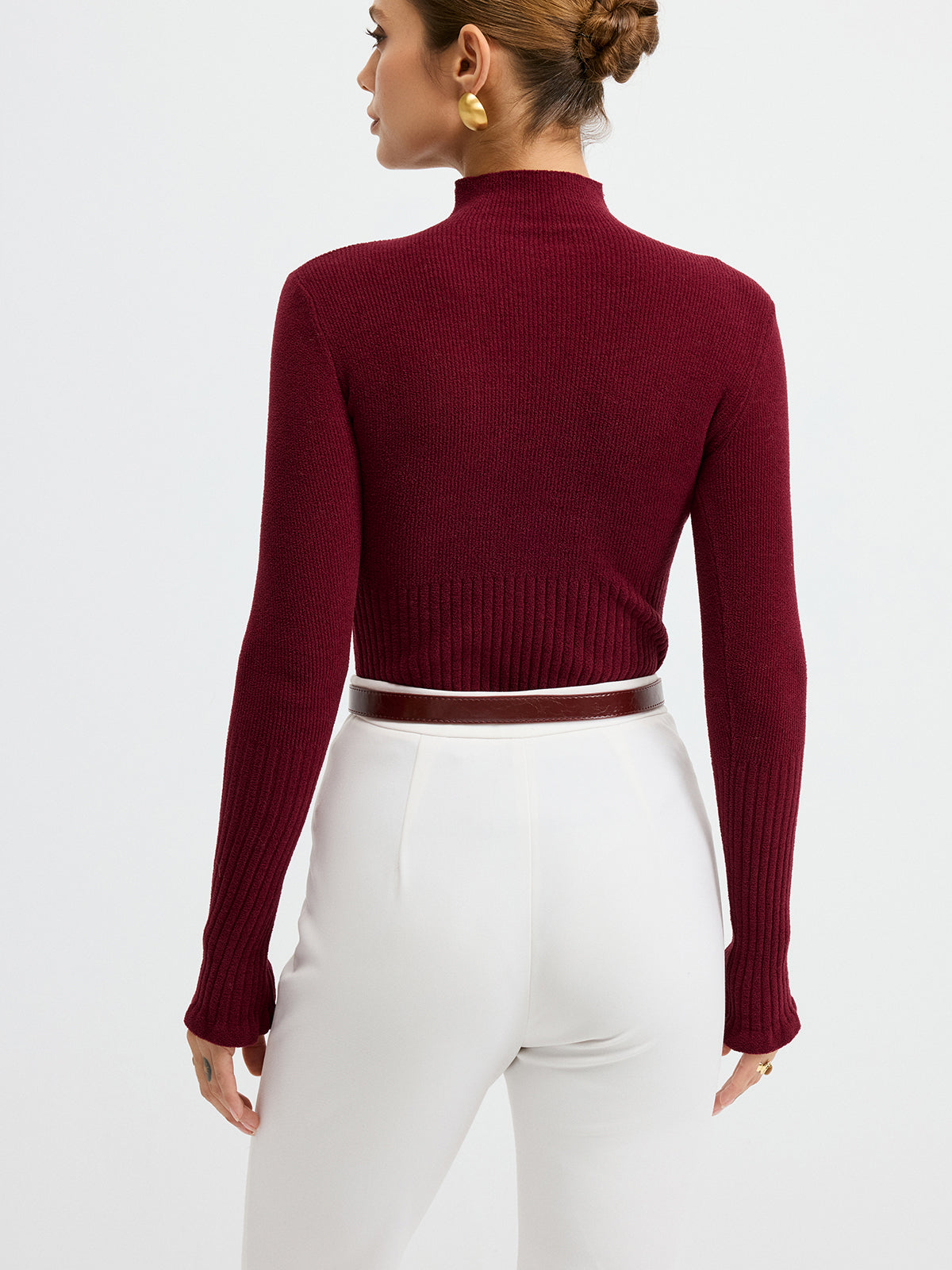 ATISSE – Women's Ribbed Mock Neck Knit Top – Slim Fit Long Sleeve Sweater