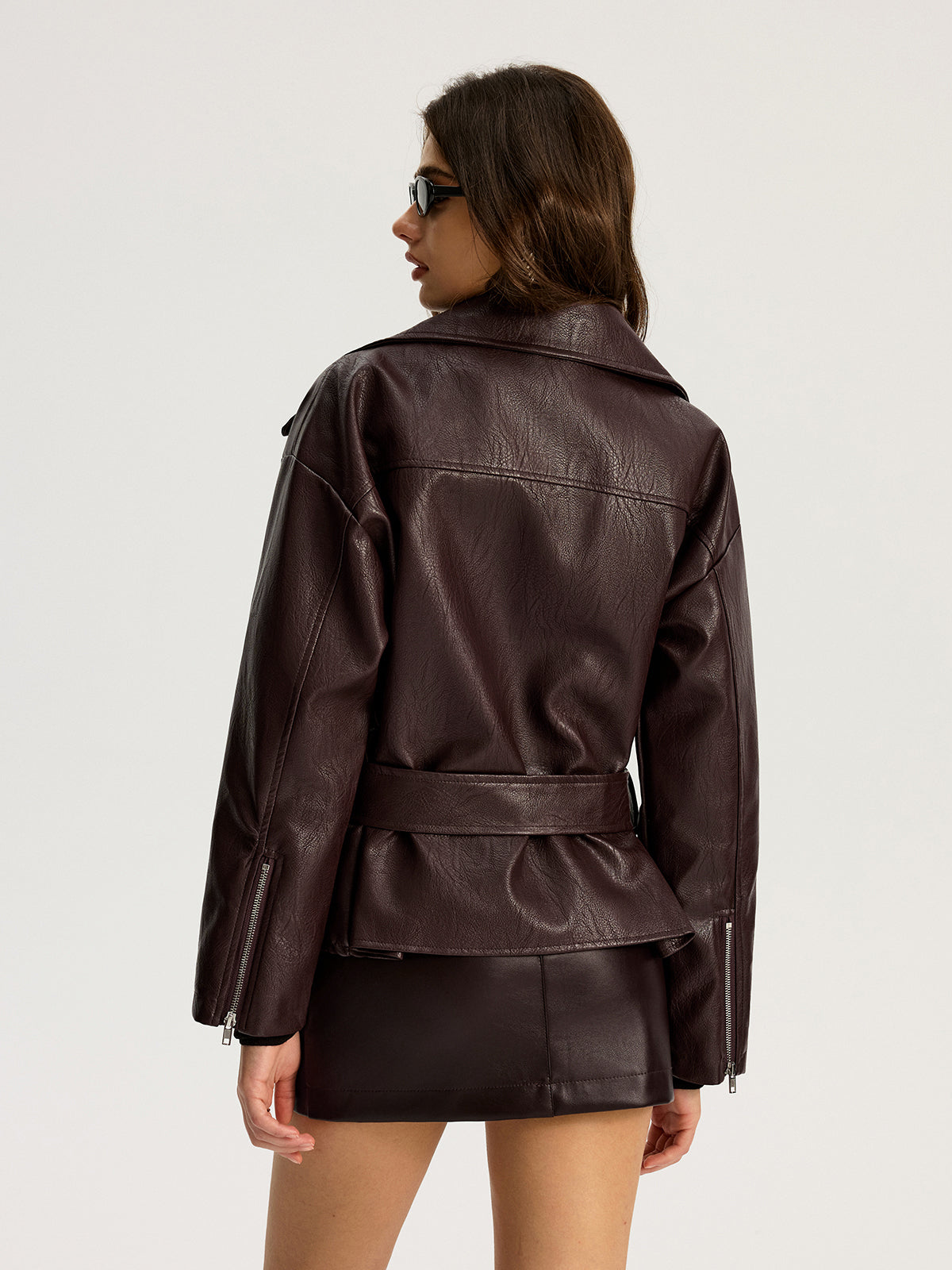 ATISSE – Women's Brown Faux Leather Jacket – Belted Zip Front Winter Jacket