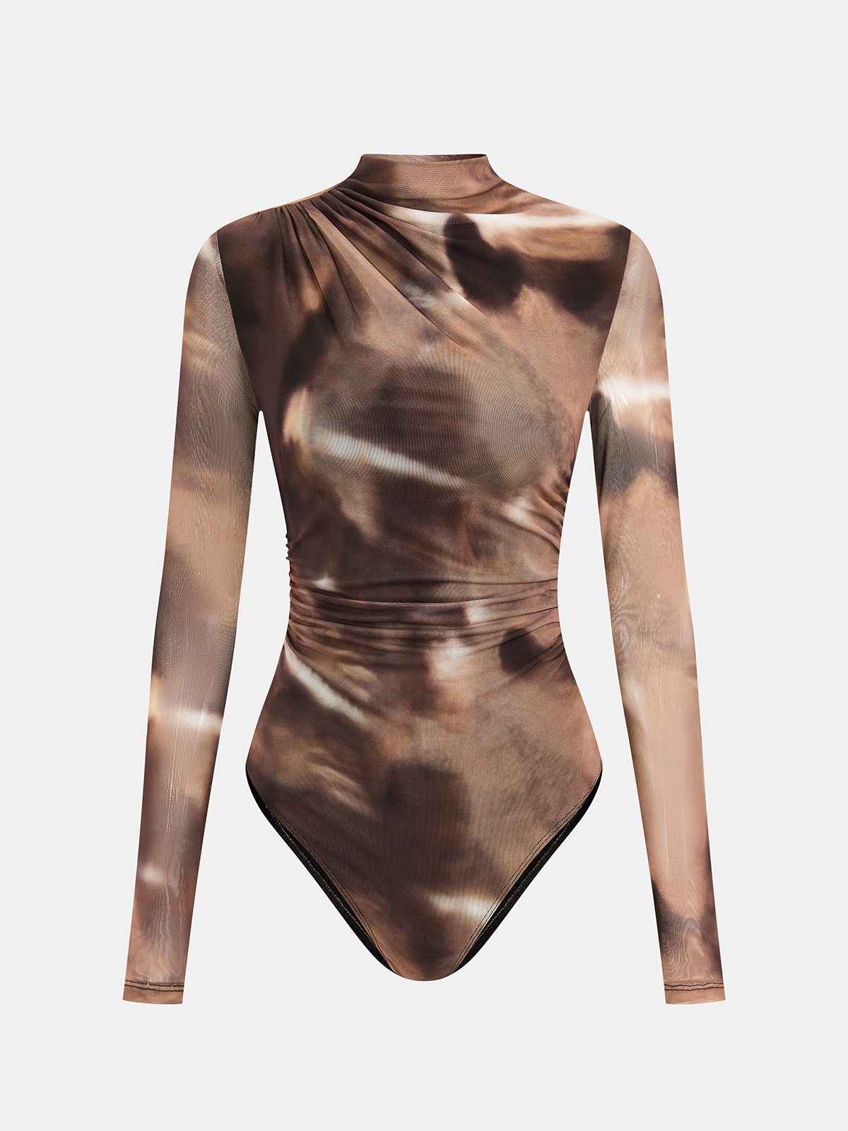 ATISSE – Women's Gradient Print Ruched Mesh Bodysuit – Mock Neck Long Sleeve Top