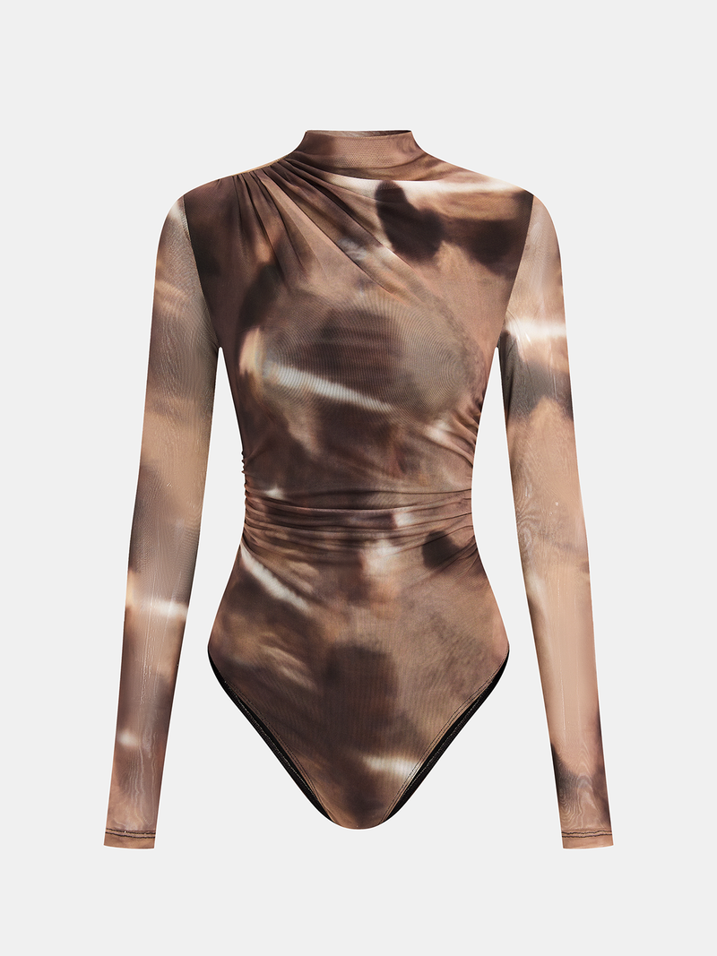 ATISSE – Women's Gradient Print Ruched Mesh Bodysuit – Mock Neck Long Sleeve Top
