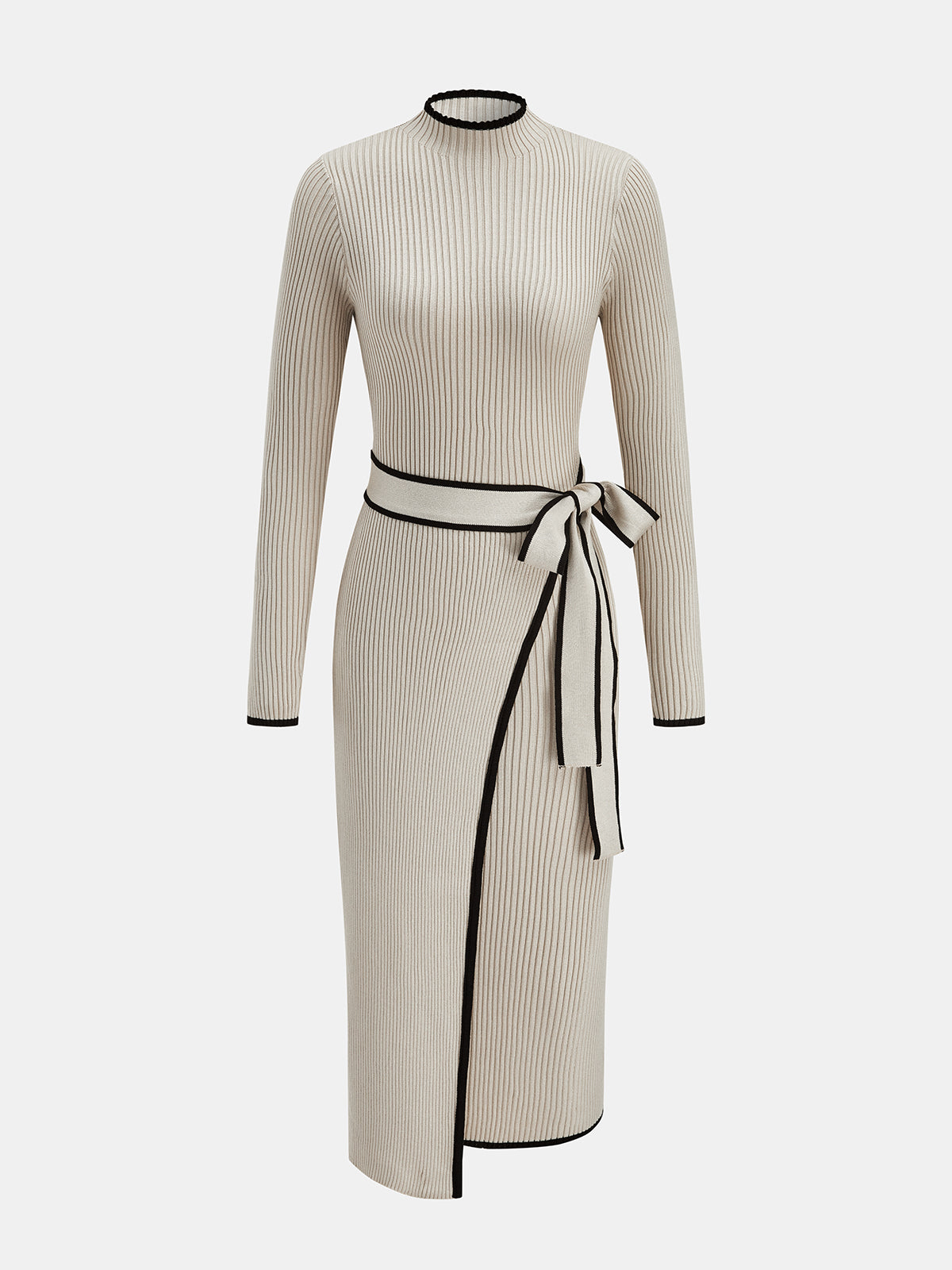 ATISSE – Women's Tie-Waist Knit Midi Dress – Contrast Trim Long Sleeve Sweater Dress