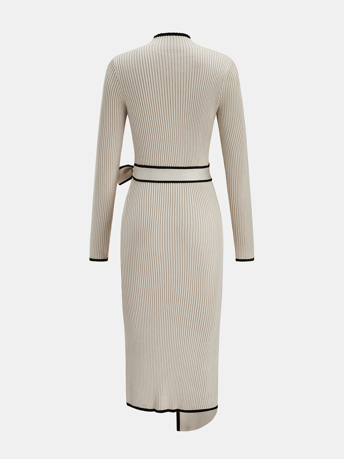 ATISSE – Women's Tie-Waist Knit Midi Dress – Contrast Trim Long Sleeve Sweater Dress