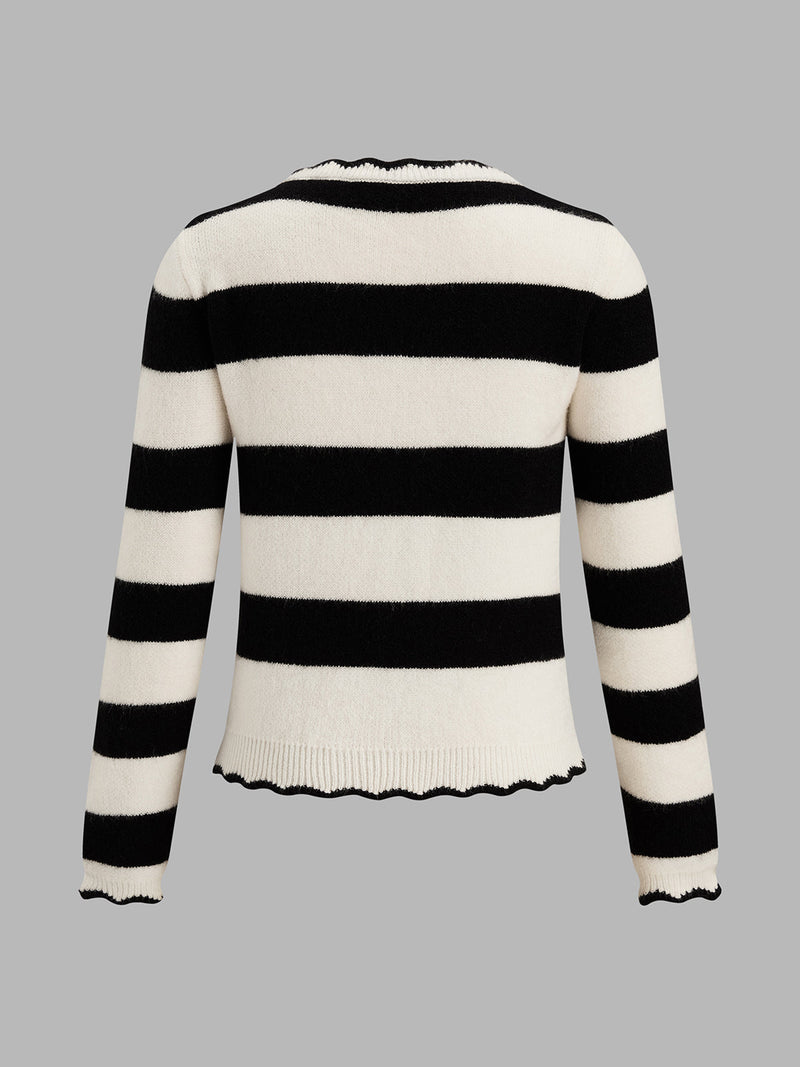 ATISSE – Women's Striped Knit Cardigan – Scallop Trim Button-Up Sweater – Contrast Knitwear
