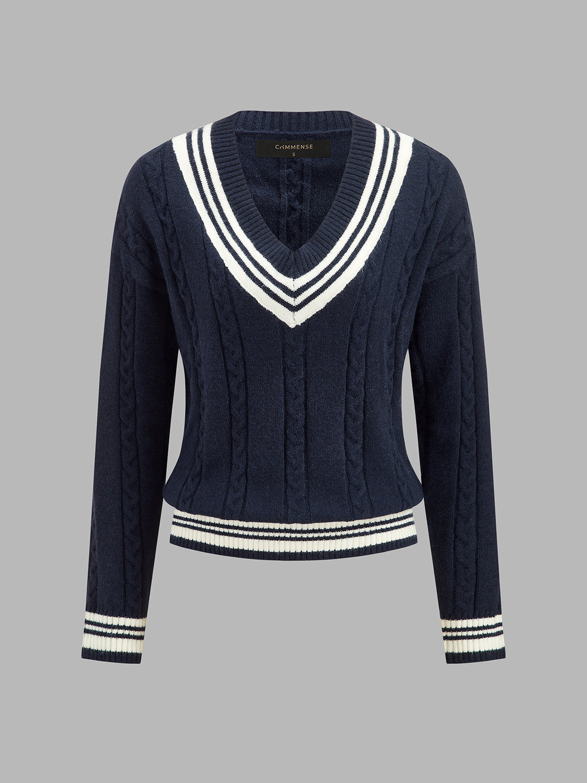 ATISSE – Women's Cable Knit V-Neck Sweater – Striped Trim Preppy Pullover