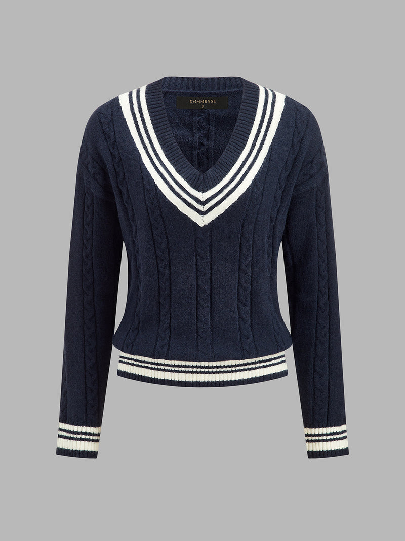 ATISSE – Women's Cable Knit V-Neck Sweater – Striped Trim Preppy Pullover