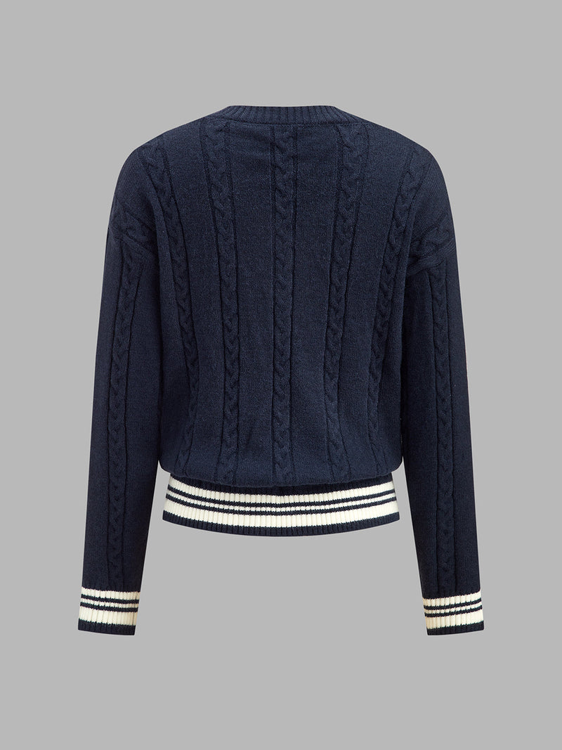 ATISSE – Women's Cable Knit V-Neck Sweater – Striped Trim Preppy Pullover