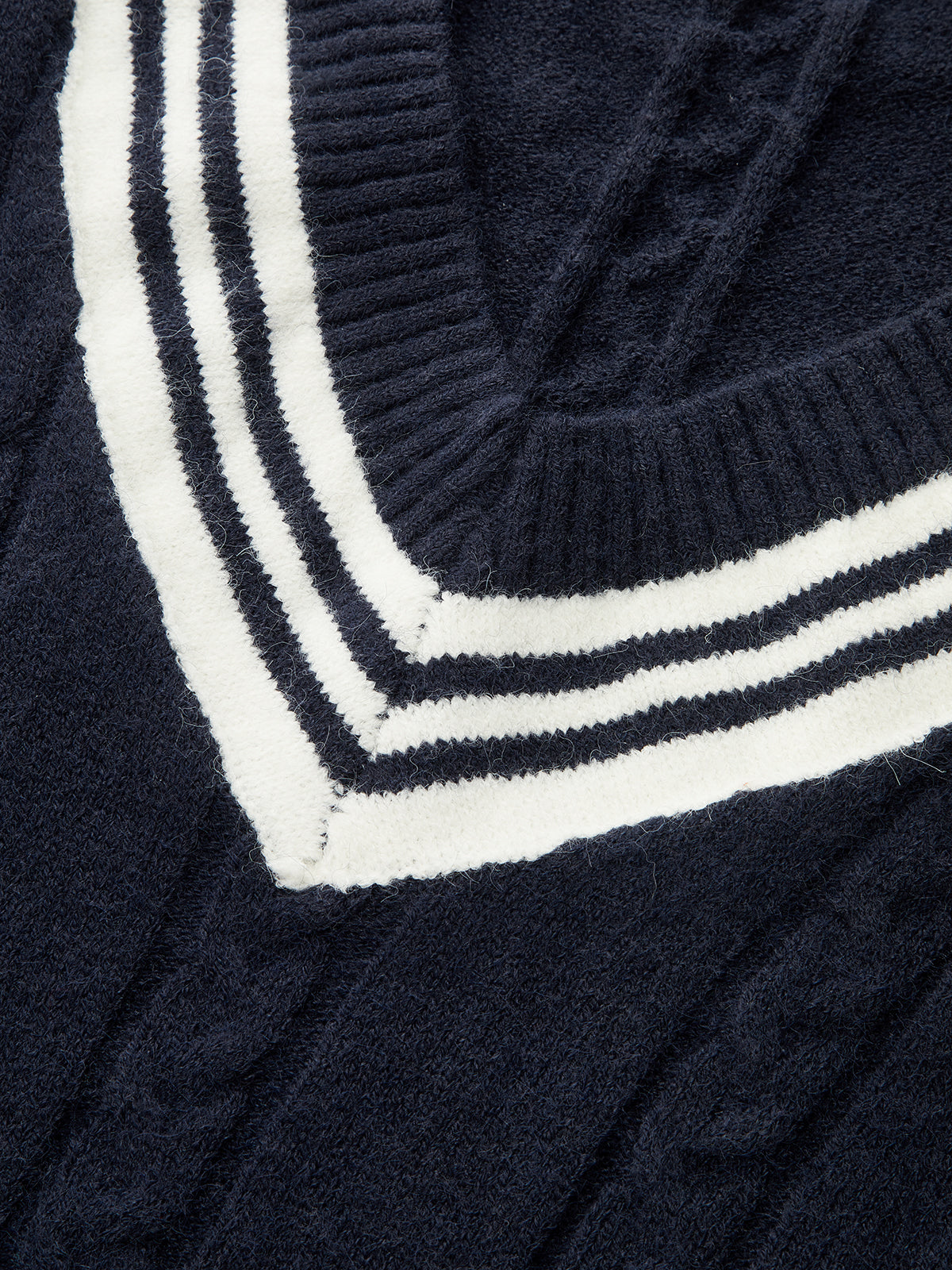 ATISSE – Women's Cable Knit V-Neck Sweater – Striped Trim Preppy Pullover