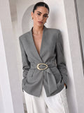 ATISSE – Women’s Belted Wrap Blazer – V-Neck Tailored Jacket – Elegant Grey Office Blazer