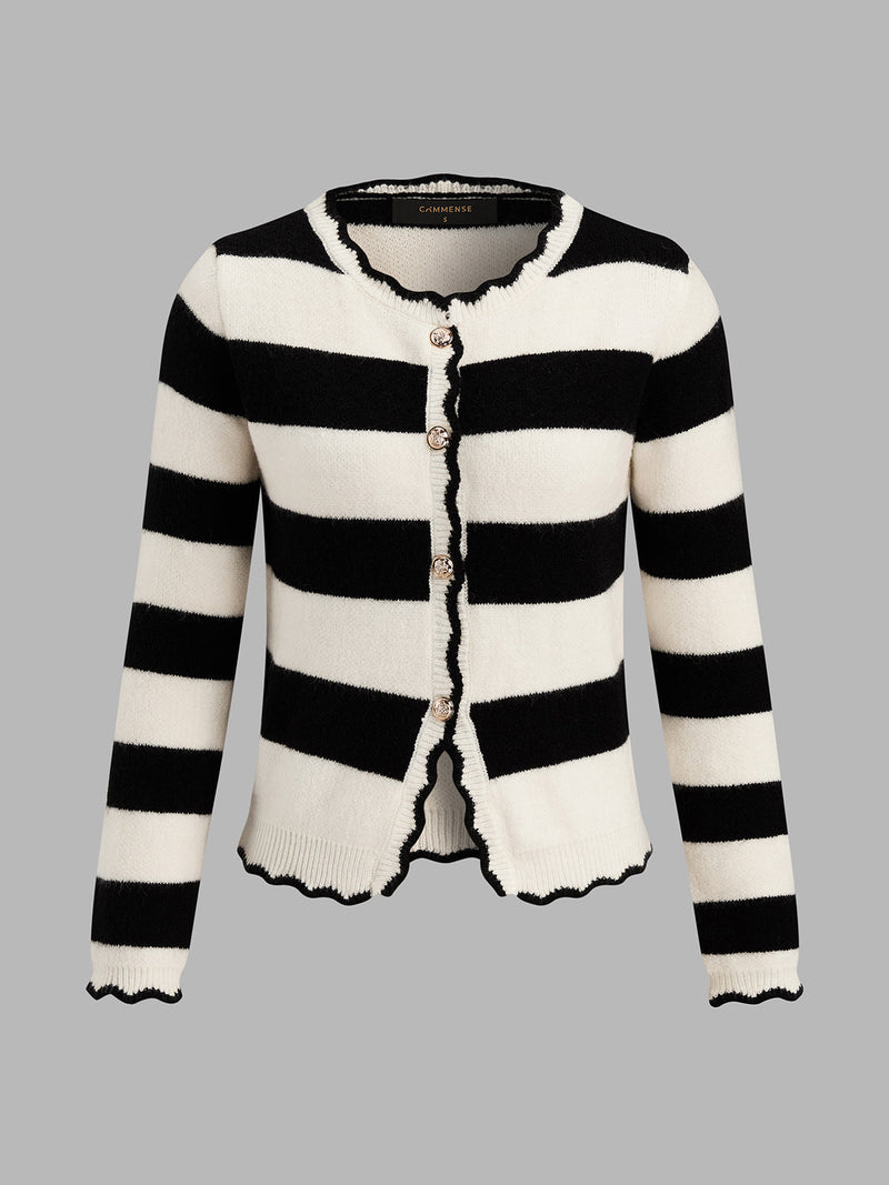 ATISSE – Women's Striped Knit Cardigan – Scallop Trim Button-Up Sweater – Contrast Knitwear