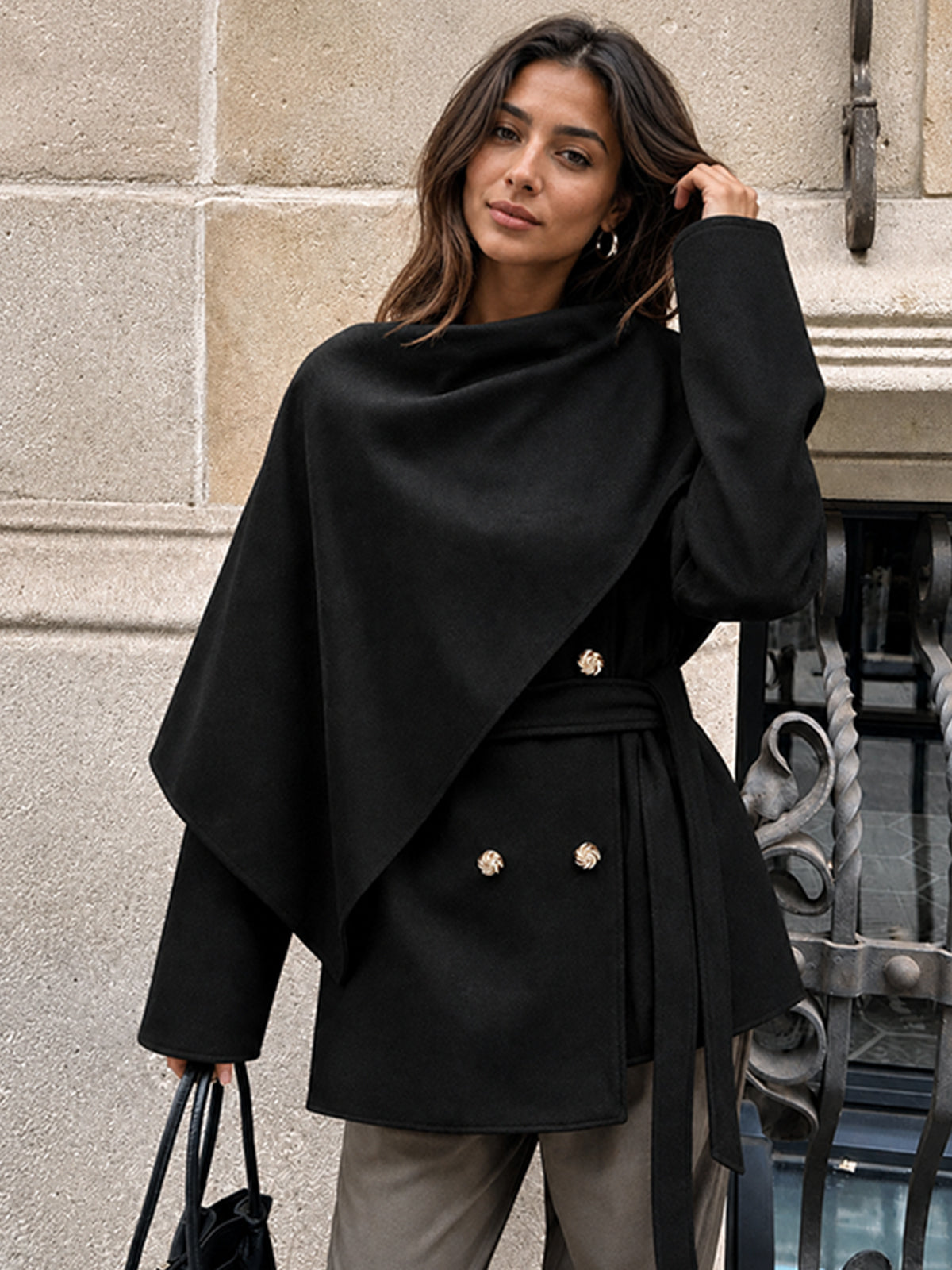 ATISSE – Women’s Belted Wrap Blazer – V-Neck Tailored Jacket – Elegant Grey Office Blazer