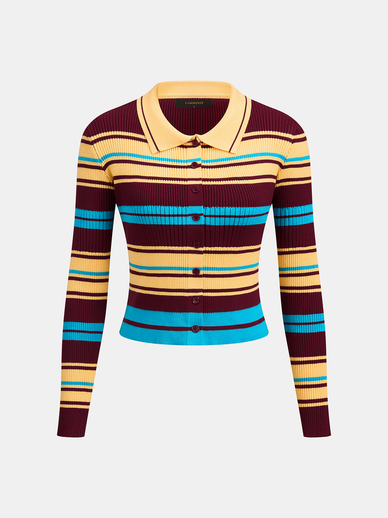 ATISSE – Women's Multi-Stripe Ribbed Knit Cardigan – Collared Button-Up Sweater