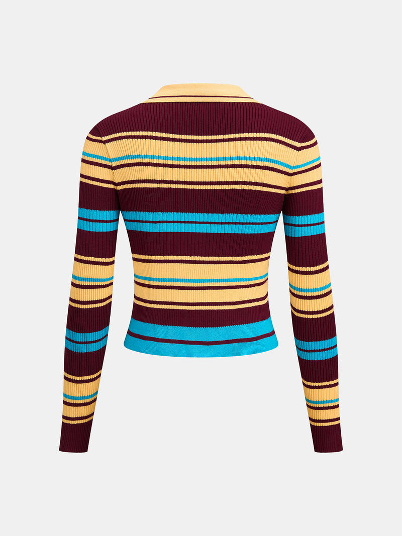 ATISSE – Women's Multi-Stripe Ribbed Knit Cardigan – Collared Button-Up Sweater