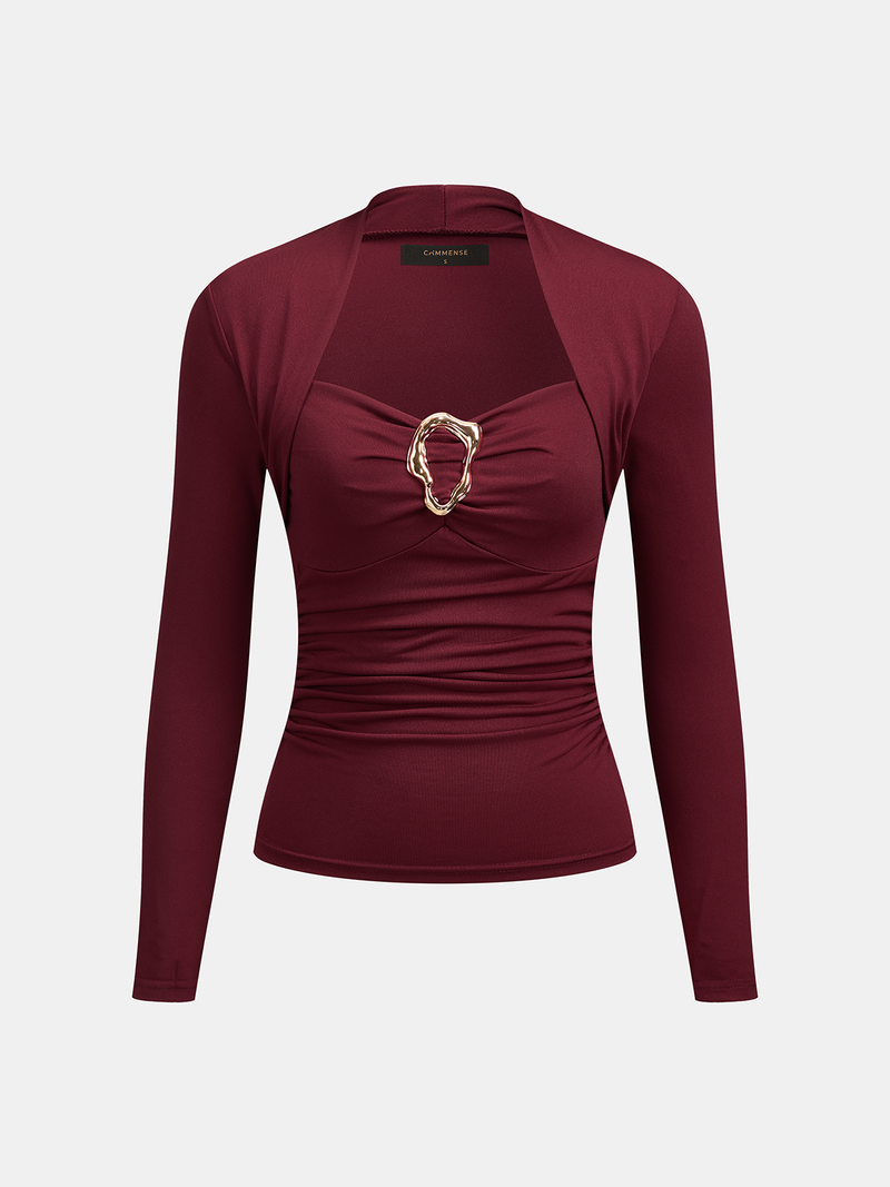 ATISSE – Women's Square Neck Fitted Top – Metal Buckle Long Sleeve Jersey Top